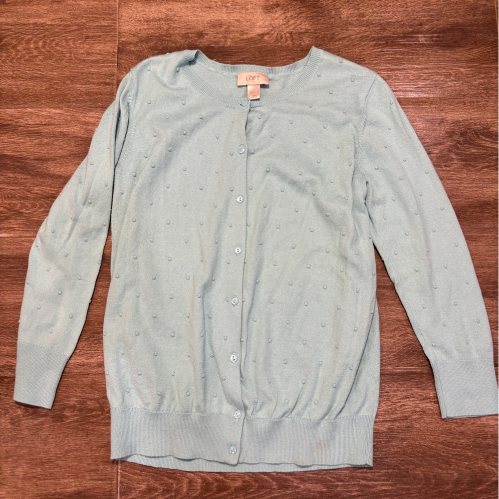 Loft Light Blue Teal Button-Up Cardigan with‎ Swiss Dot size M